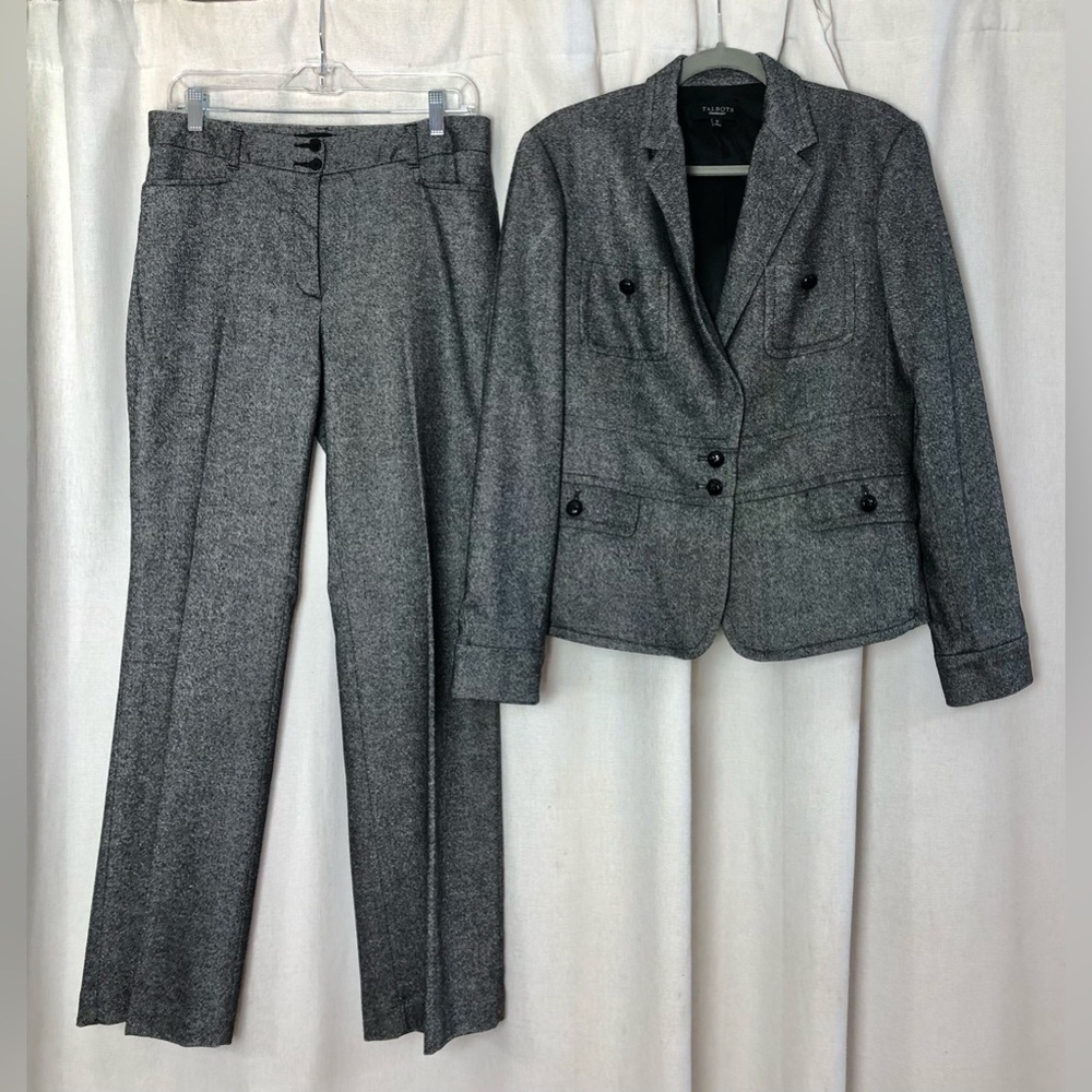 Talbots Wool Blend Pants Suit Gray Salt Pepper Micro Tweed Blazer 12 Pants 8 Set